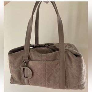 CHRISTIAN DIOR Large Vintage Cannage Quilted Suede Taupe Shoulder Bag Tote - New